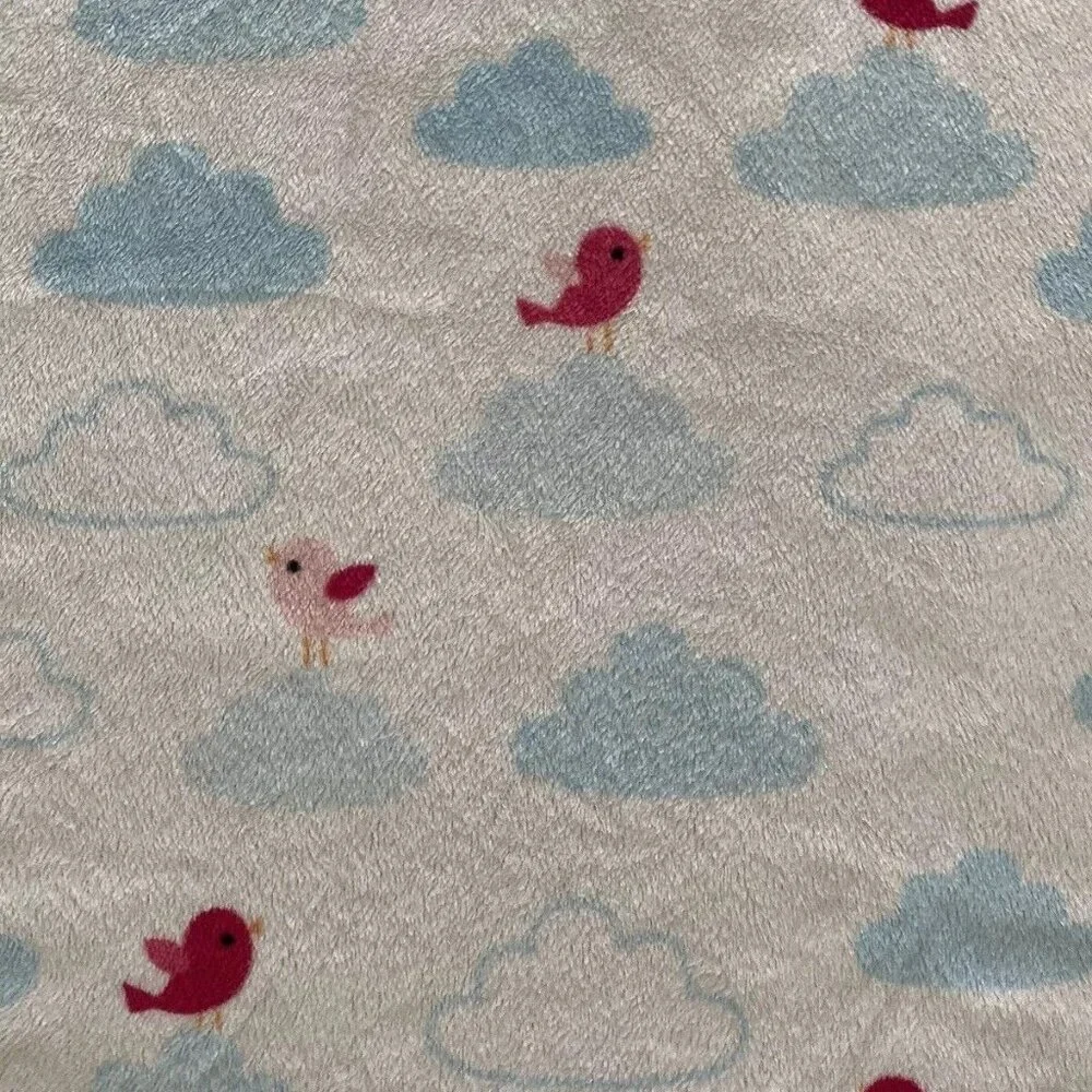 Circo White Clouds Soft‎ Fleece Blue Sherpa Back Baby Blanket Pink Green Birds